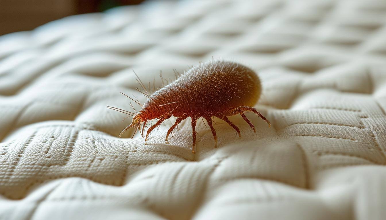 Dust mite on the surface of a white mattress.