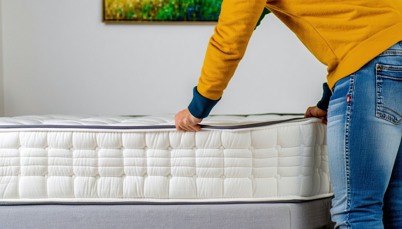 An adult trying to flip over their mattress