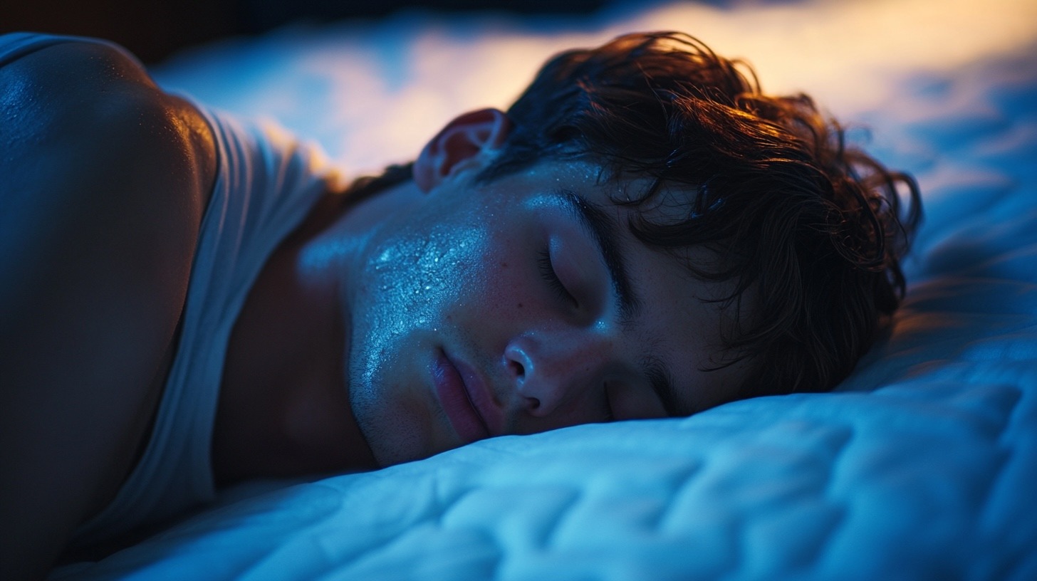 Adult male sweating while sleeping on a mattress